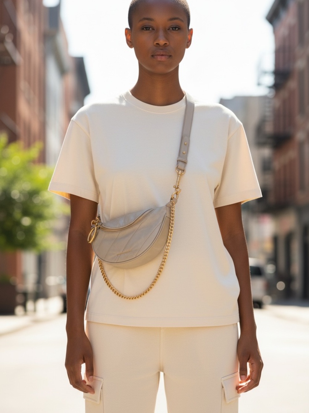 Charles & Keith Minimalist Crescent Crossbody Bag in cream with Gold Chain